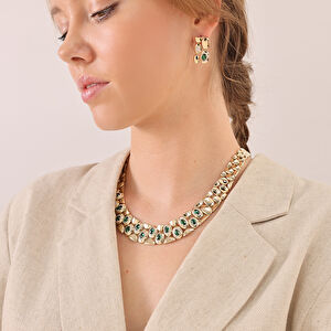 Eta 14 Ayar Altın Oval Formlu Yeşil Taşlı Set