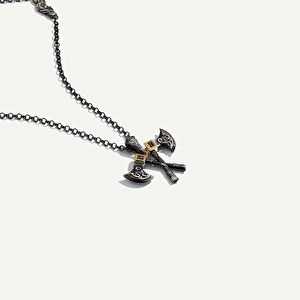 925k Gümüş ve 18 Ayar Altın Çift Balta Figürlü Pırlantalı Kolye