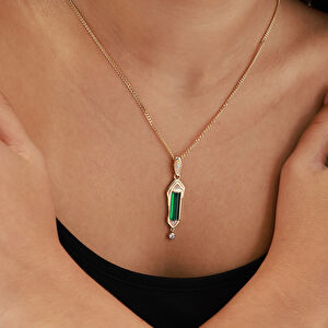 Baget 14 Ayar Altın Minimal Yeşil Taşlı Kolye Ucu