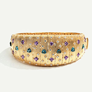 14 Ayar Altın Fırçalı Yüzeyli Mavi ve Mor Taşlı Kelepçe