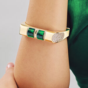 14 Ayar Altın Yeşil Taşlı ve Taş Süslemeli Kelepçe