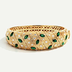 14 Ayar Altın Fırçalı Yüzeyli Yeşil Taşlı Kelepçe