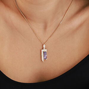 14 Ayar Altın Mor Taşlı ve Baget Taş Detaylı Kolye Ucu