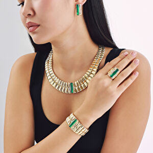 Baget 14 Ayar Altın Yeşil Taşlı Set