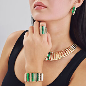 Baget 14 Ayar Altın Yeşil Taşlı Set