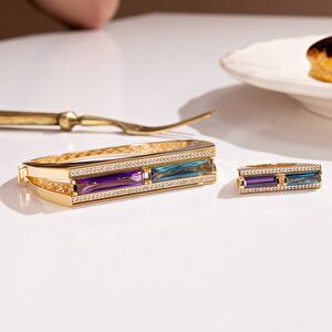 Baget 14 Ayar Altın Mavi ve Mor Taşlı Yüzük