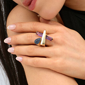 Baget 14 Ayar Altın Lacivert Damla ve Mor Taşlı Yüzük