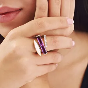 Baget 14 Ayar Altın Üç Detaylı Mor Taşlı Yüzük