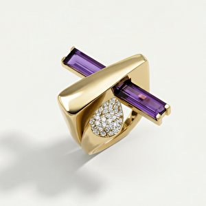 Baget 14 Ayar Altın Damla ve Mor Taşlı Yüzük