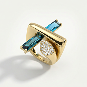 Baget 14 Ayar Altın Damla ve Mavi Taşlı Yüzük