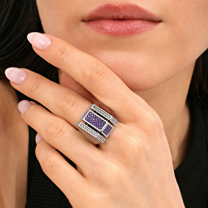 14 Ayar Beyaz Altın Mor Taşlı Yüzük