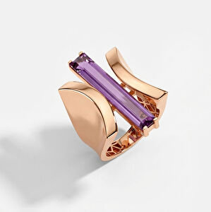 Baget 14 Ayar Pembe Altın Mor Taşlı Yüzük