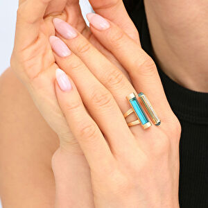 Baget 14 Ayar Altın Mavi Taşlı İkili Yüzük