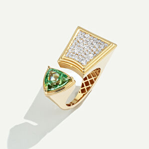 14 Ayar Altın Açık Formlu Yeşil Taşlı Yüzük