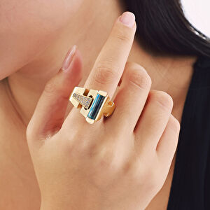 Baget 14 Ayar Altın Mavi Taşlı Yüzük