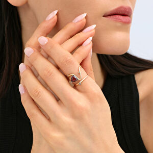 14 Ayar Altın İkili Görünümlü Bordo Taşlı Yüzük