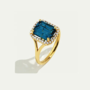 14 Ayar Altın Dikdörtgen Mavi Taşlı Yüzük