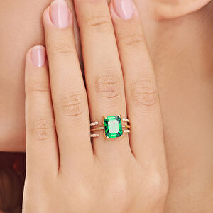 14 Ayar Altın Büyük Yeşil Taşlı ve Üç Bantlı Yüzük