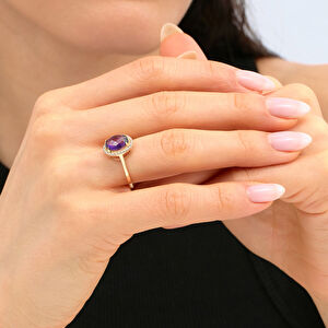 14 Ayar Altın Mor Taşlı Anturaj Yüzük