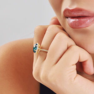 14 Ayar Altın Mavi Taşlı Oval Yüzük