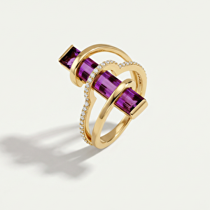 Baget 14 Ayar Altın Üç Şeritli Mor Taşlı Yüzük