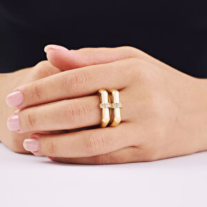 14 Ayar Altın İkili Görünümlü Silindir Formlu Taşlı Yüzük