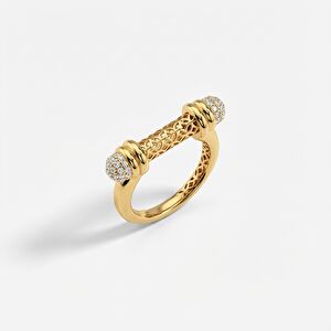 Vega 14 Ayar Altın Silindir Formlu Ajurlu Taşlı Yüzük