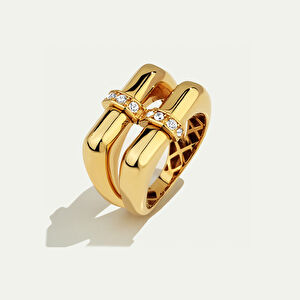 14 Ayar Altın İkili Görünümlü Silindir Formlu Taşlı Yüzük