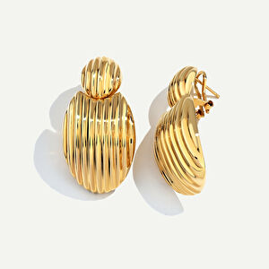 Maya 14 Ayar Altın Çizgi Detaylı Oval Küpe