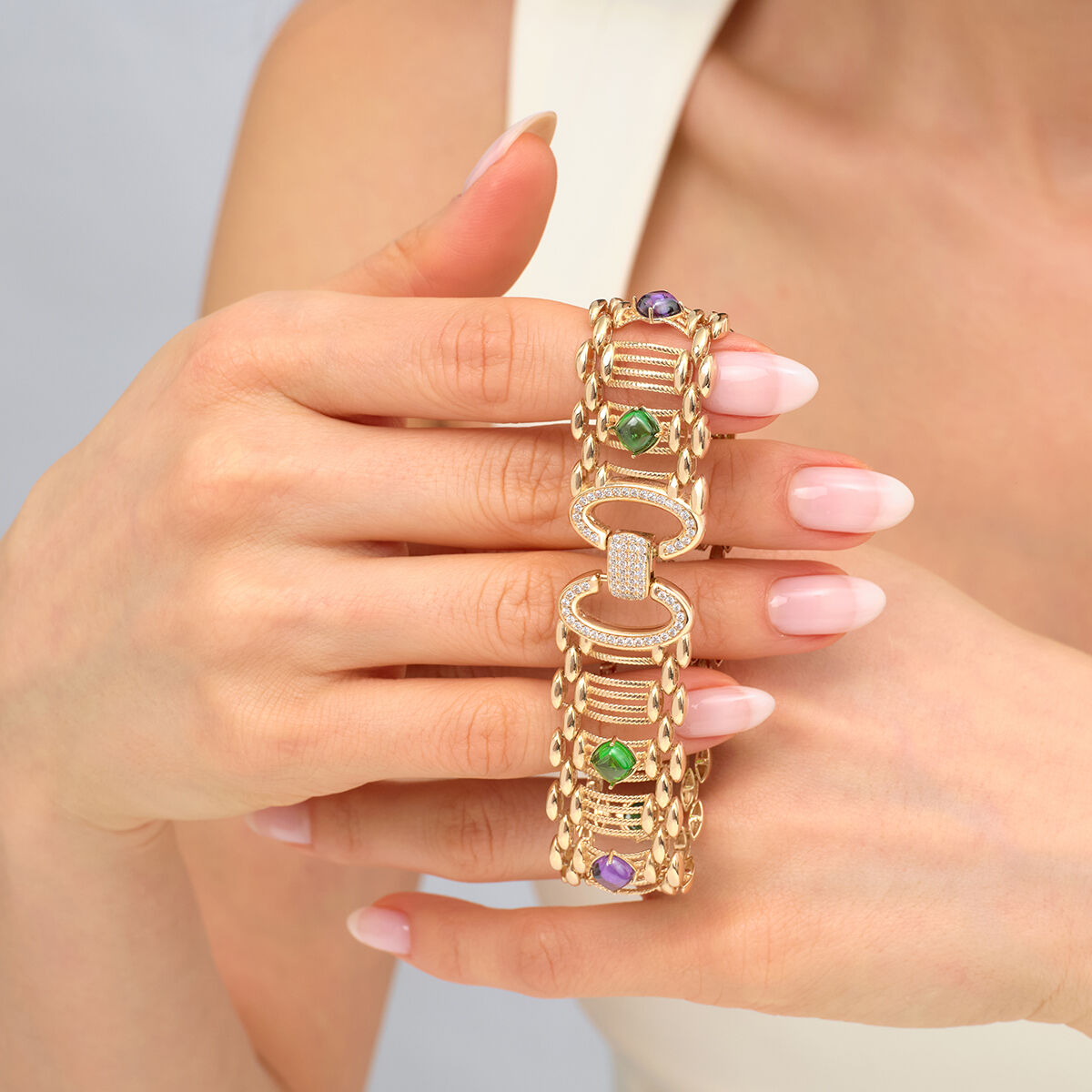 14 Ayar Altın Yeşil ve Mor Taşlı Bileklik