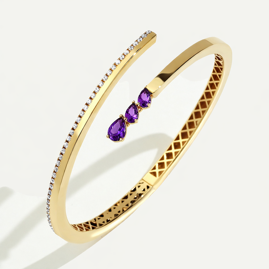 14 Ayar Damla Formlu Mor Taşlı Kelepçe