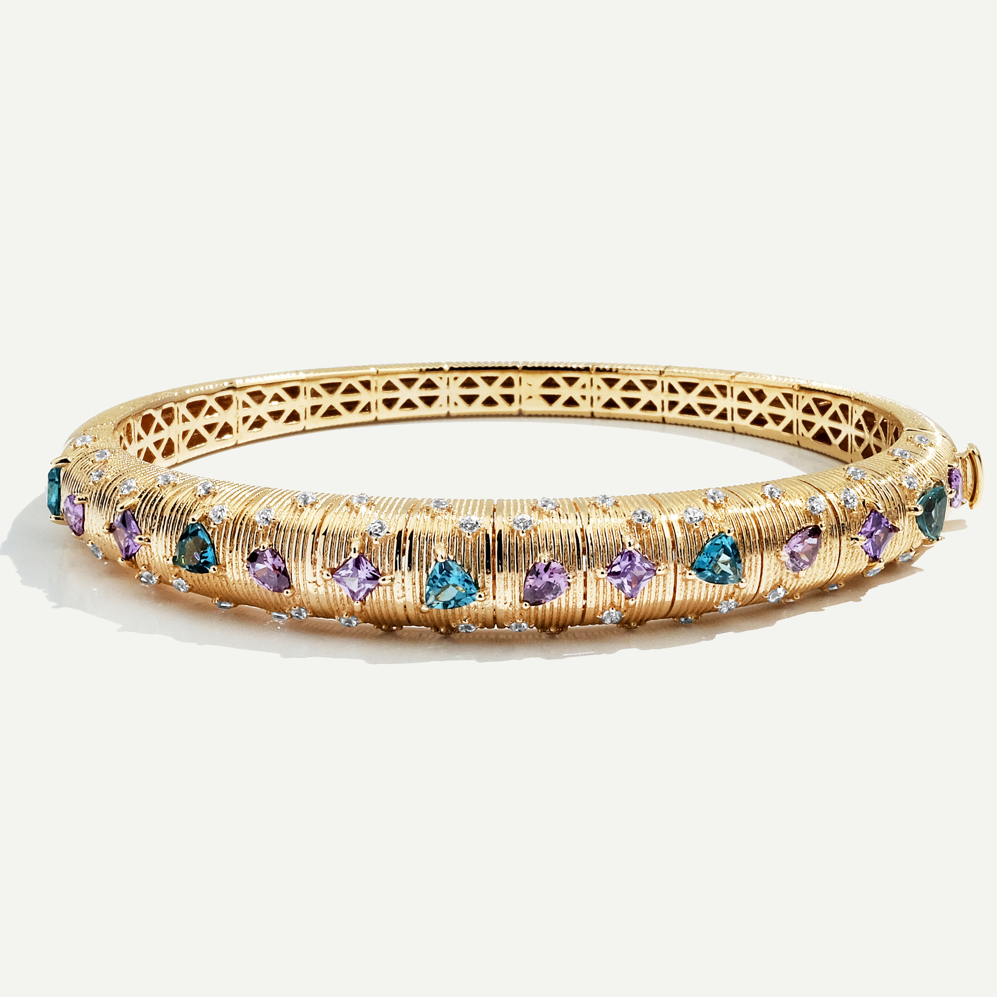 14 Ayar Altın Fırçalı Yüzeyli Mavi ve Mor Taşlı Kelepçe