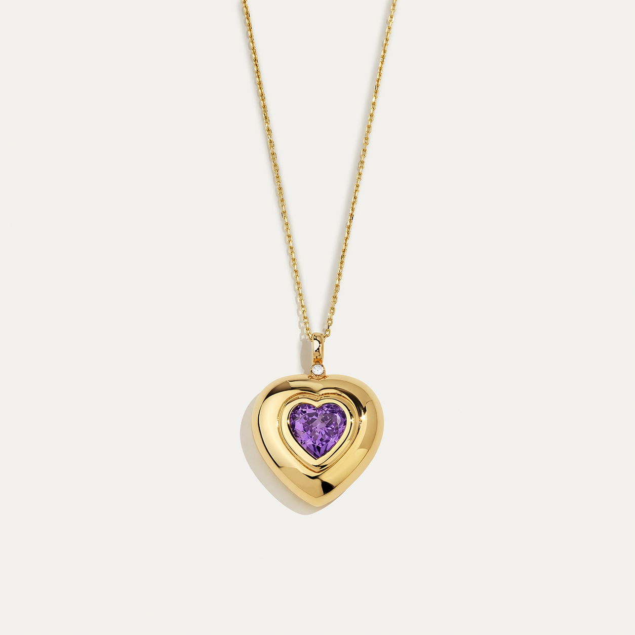 14 Ayar Altın Kalp Kesimli Mor Taşlı Kolye