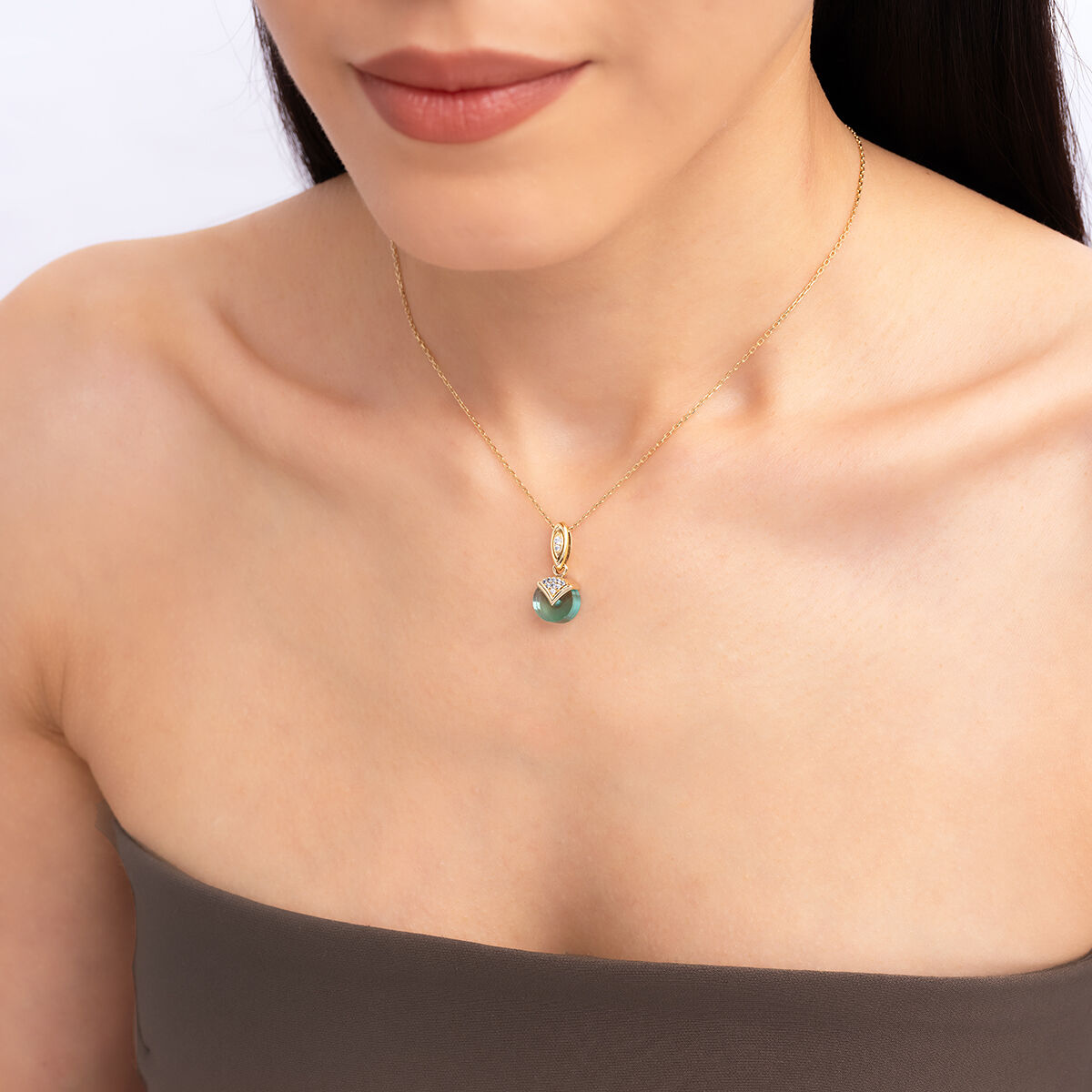 Bonbon 14 Ayar Altın Açık Mavi Taşlı Kolye