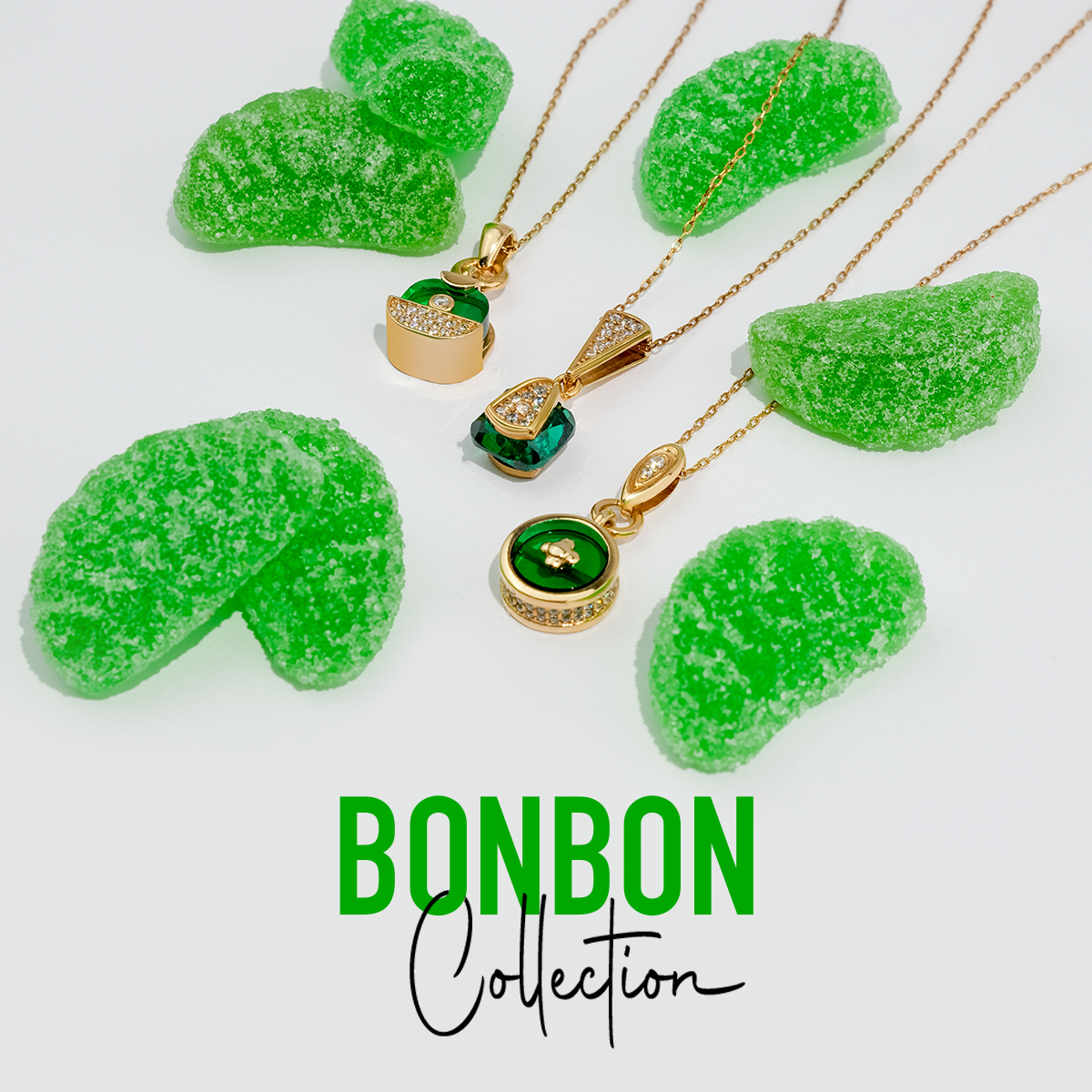 Bonbon 14 Ayar Altın Yeşil Taşlı Kolye
