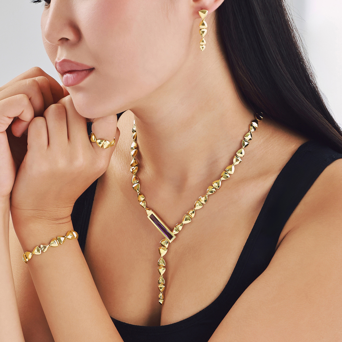 Baget 14 Ayar Altın Üçgen Detaylı Mor Taşlı Set