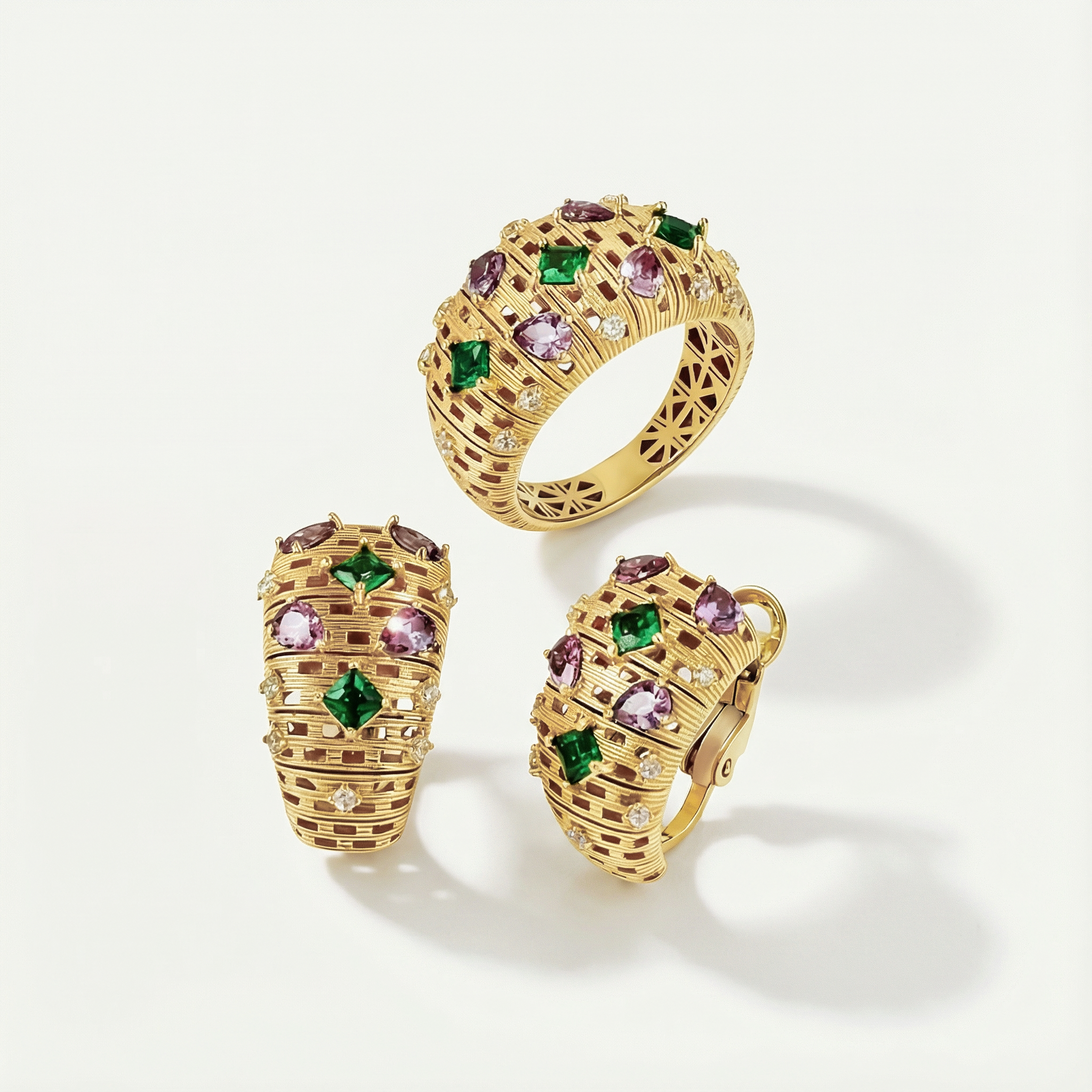 14 Ayar Altın Mor ve Yeşil Taşlı Set