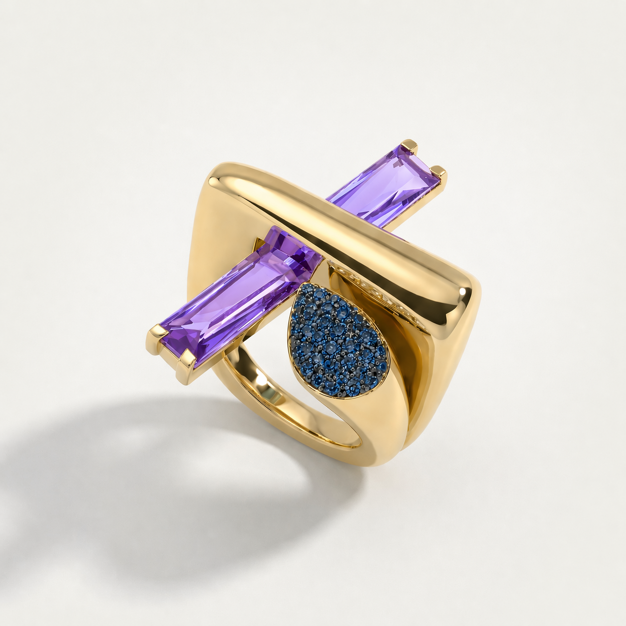 Baget 14 Ayar Altın Lacivert Damla ve Mor Taşlı Yüzük