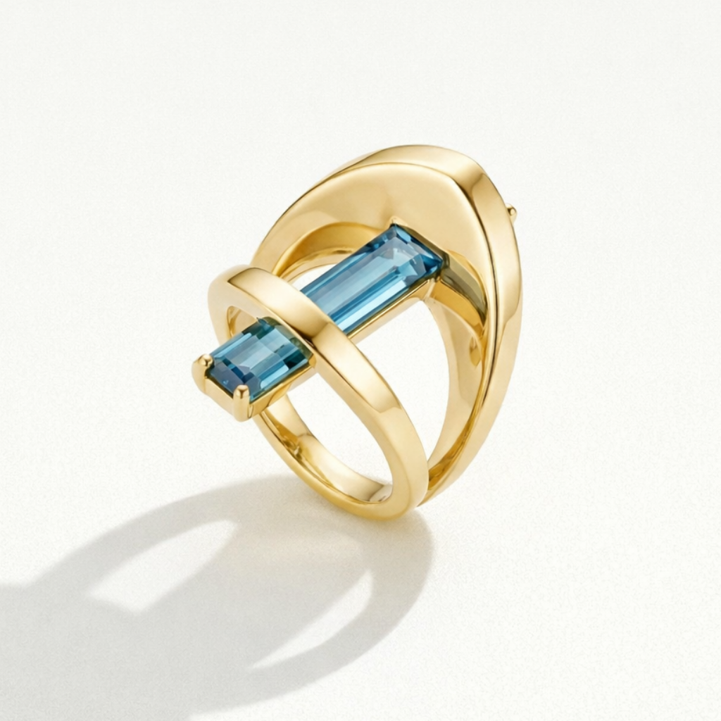 Baget 14 Ayar Altın Mavi Taşlı Yüzük