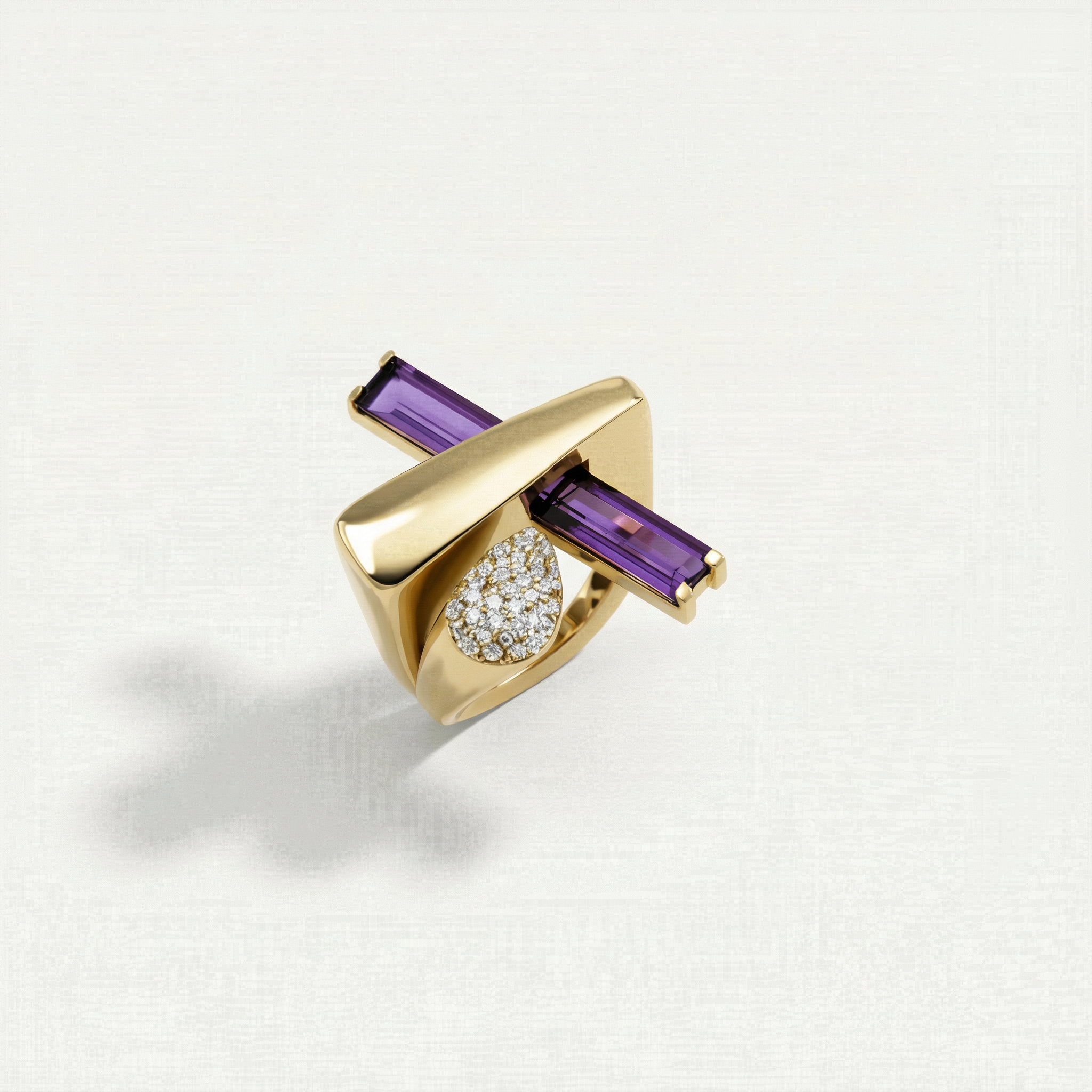 Baget 14 Ayar Altın Damla ve Mor Taşlı Yüzük