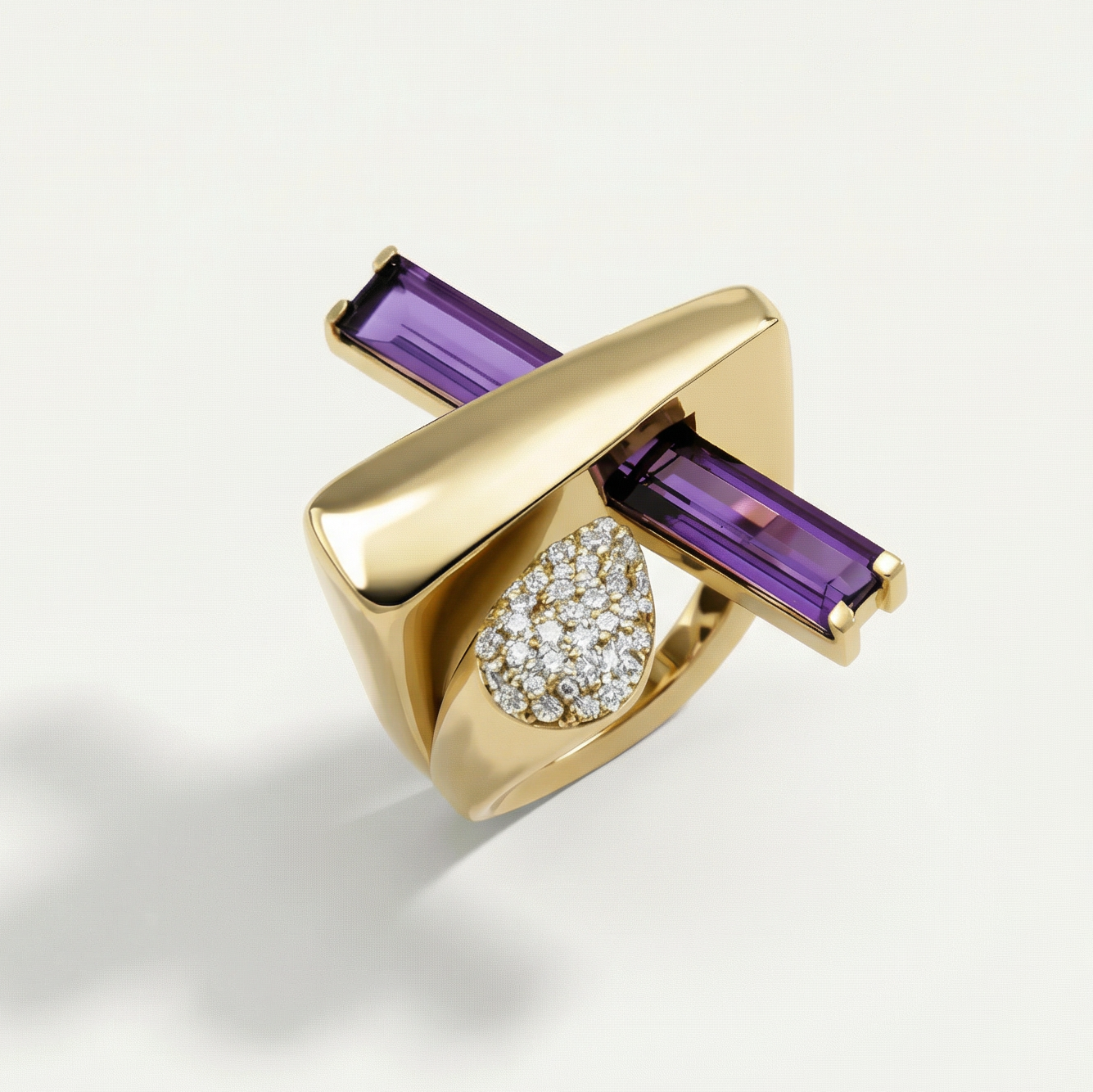 Baget 14 Ayar Altın Damla ve Mor Taşlı Yüzük