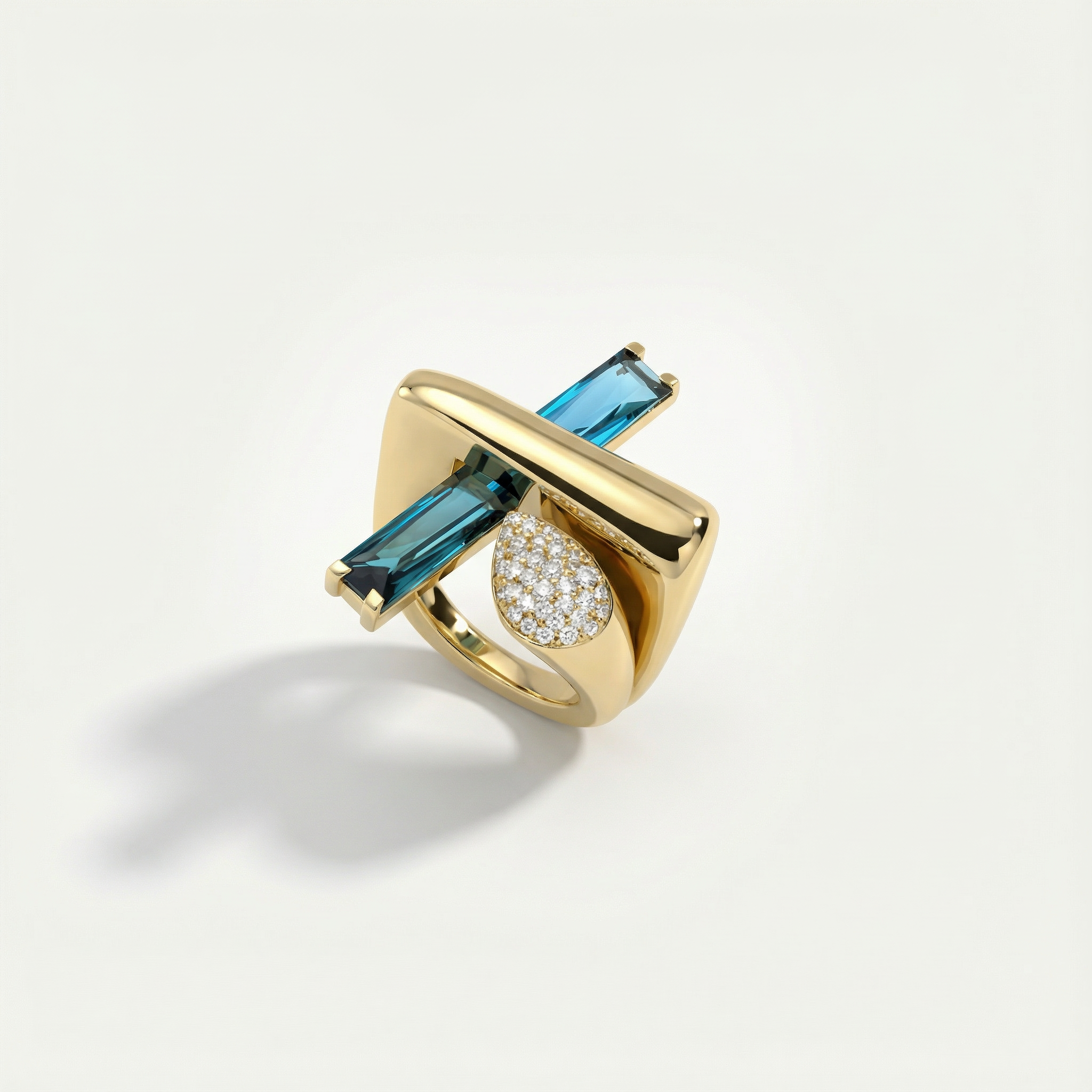 Baget 14 Ayar Altın Damla ve Mavi Taşlı Yüzük