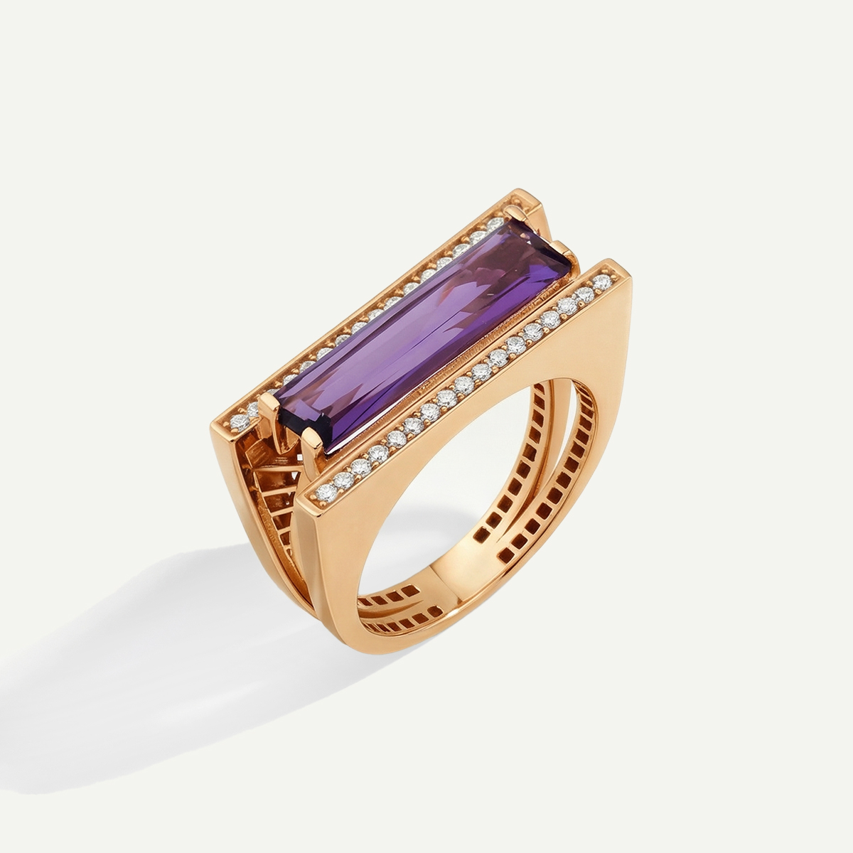 Baget 14 Ayar Pembe Altın Mor Taşlı Yüzük