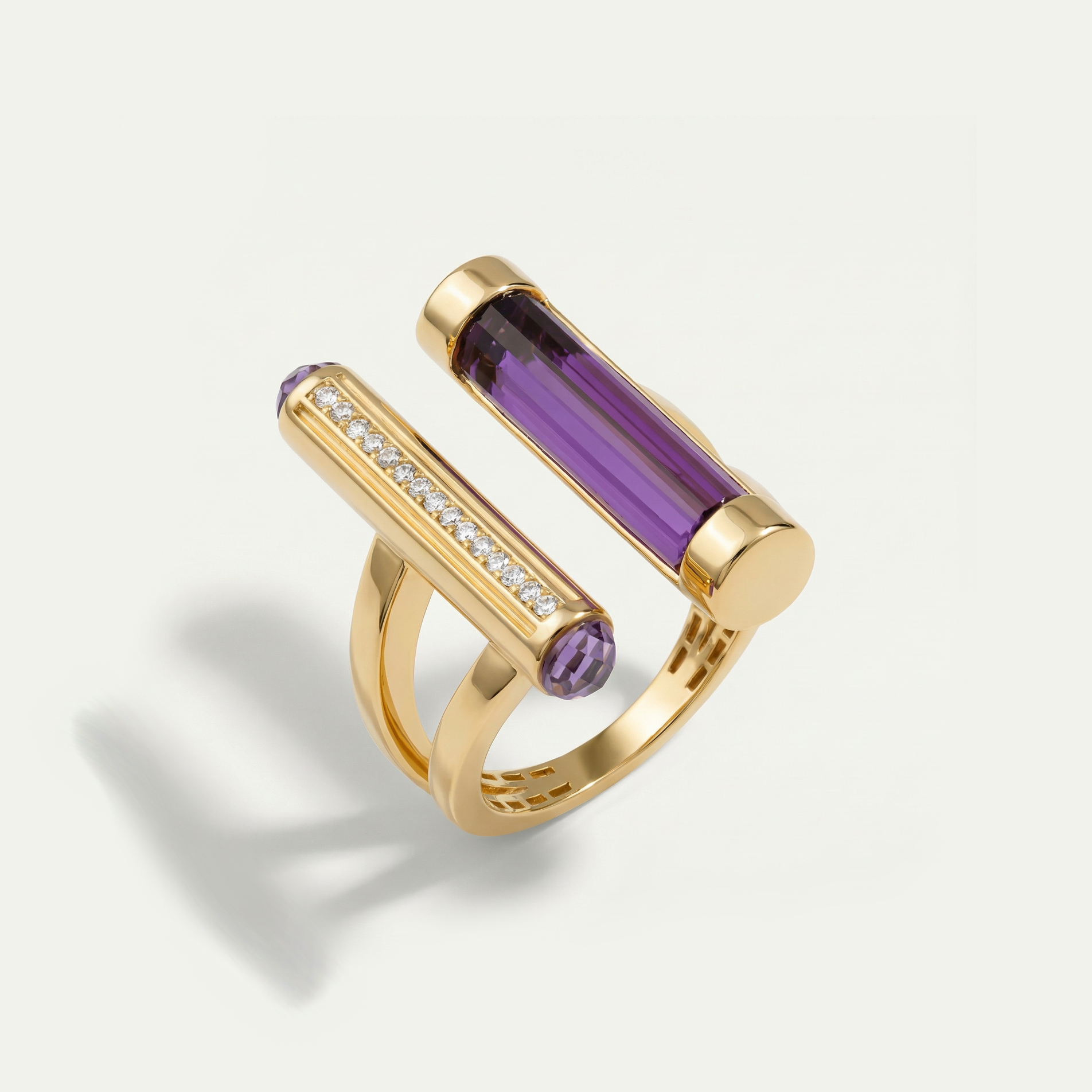 Baget 14 Ayar Altın Mor Taşlı İkili Yüzük