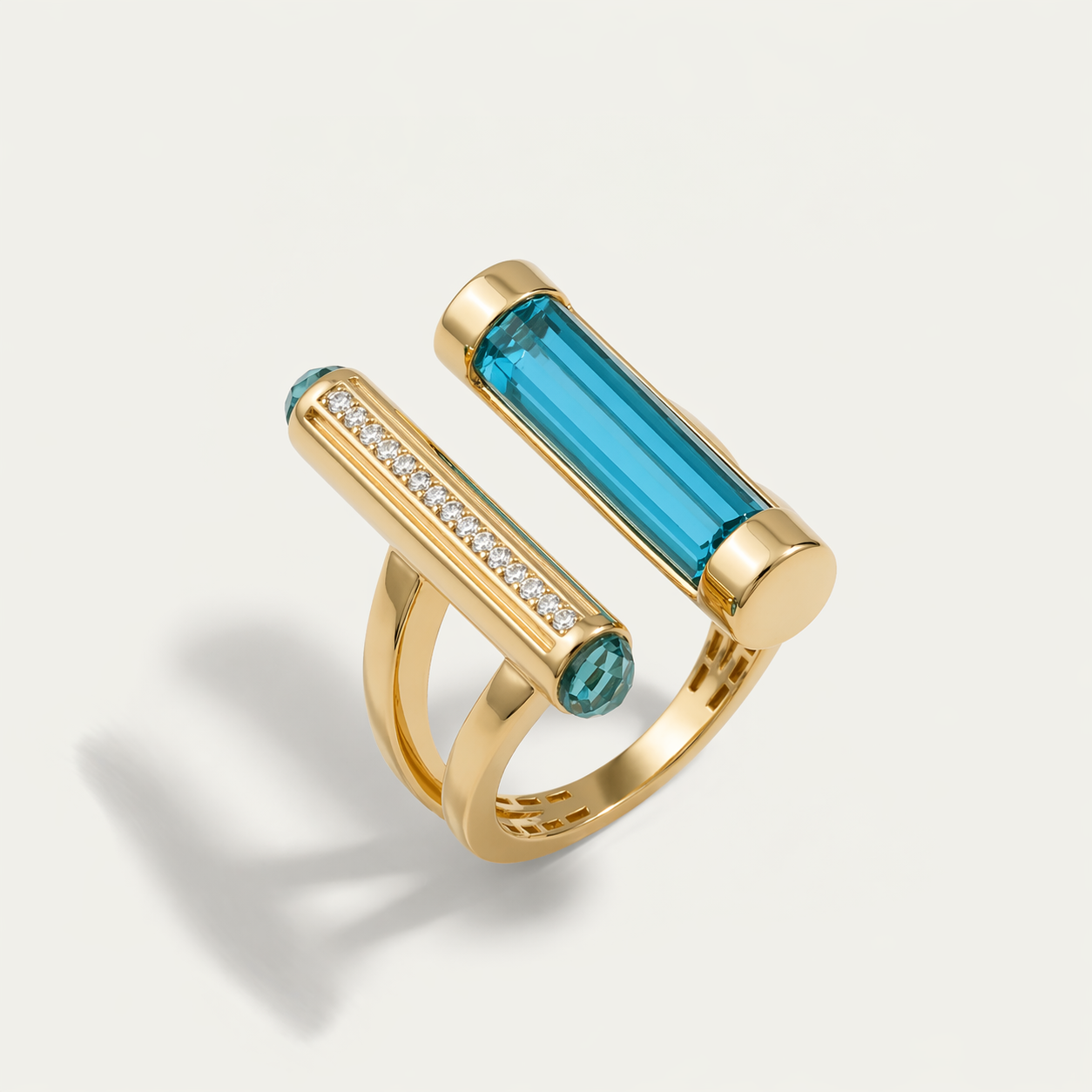 Baget 14 Ayar Altın Mavi Taşlı İkili Yüzük