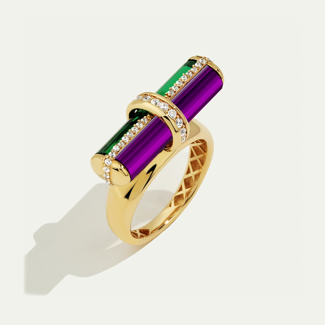 Baget 14 Ayar Altın Mor ve Yeşil Taşlı Yüzük