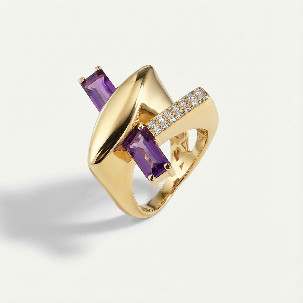 Baget 14 Ayar Altın Mor Taşlı Yüzük