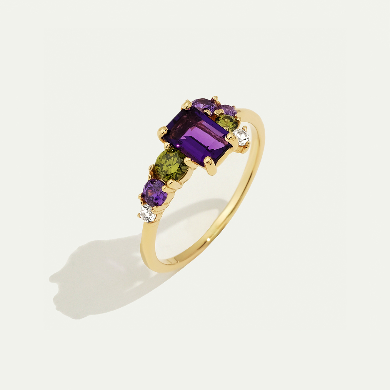 14 Ayar Altın Mor ve Yeşil Taşlı Yüzük