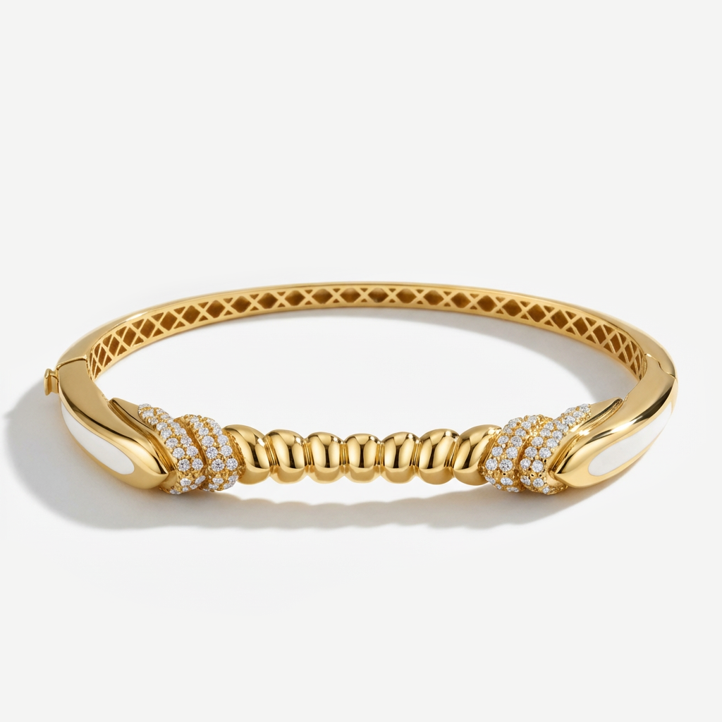 Maya 14 Ayar Altın Yanları Beyaz Mineli Taşlı Kelepçe