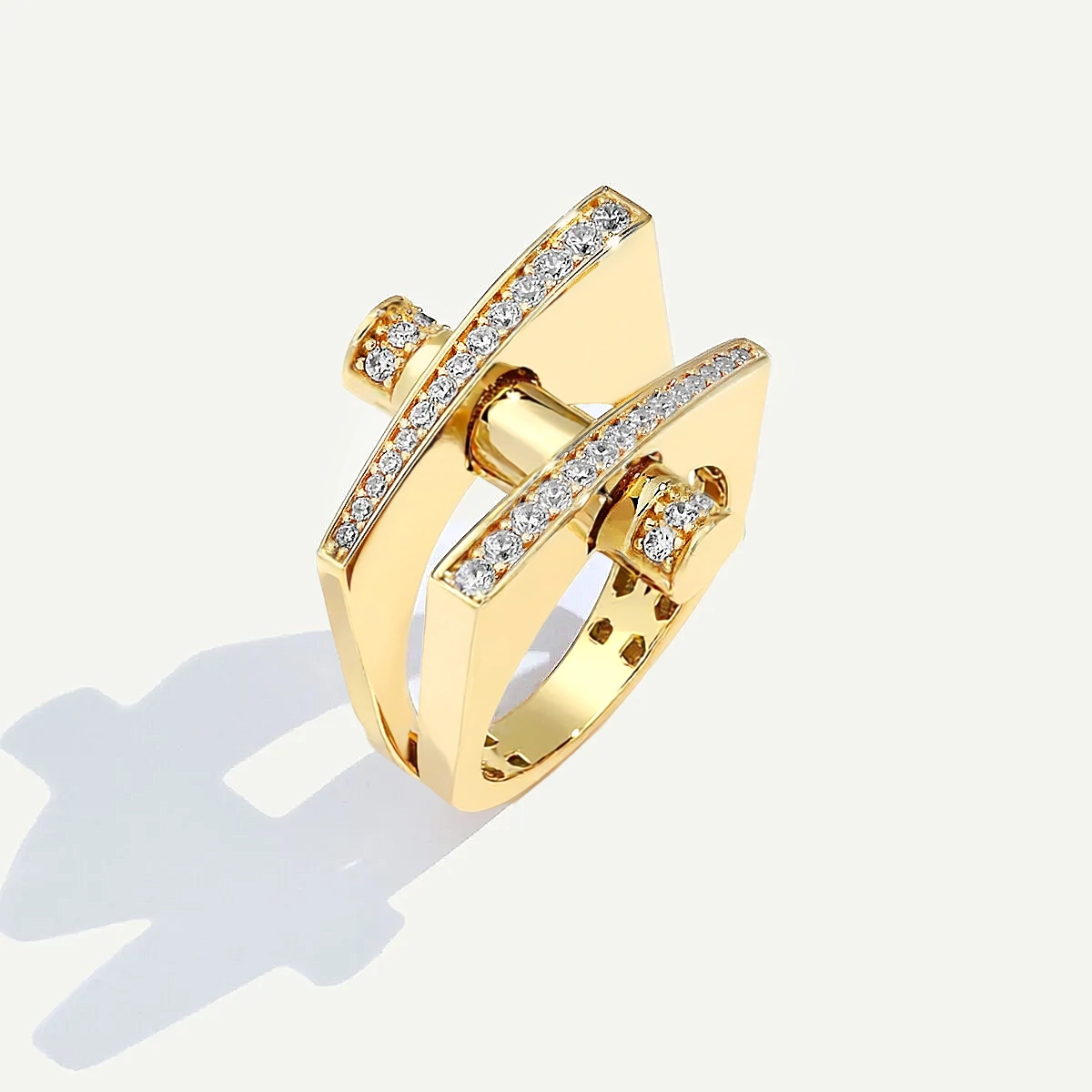 Vega 14 Ayar Altın İkili Silindir Formlu Taşlı Yüzük